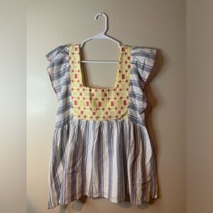 Anthopologie Forever That Girl Blue & White Stripe Embroidered Top